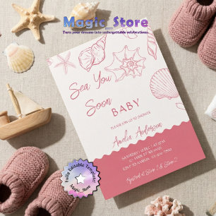 Sea You Soon Pink Seashells Coastal Baby Shower Invitation