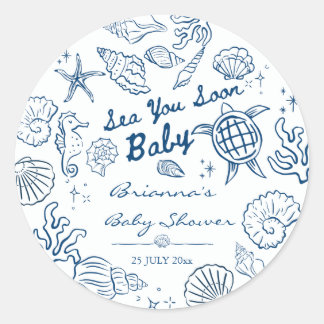 Sea you soon seashells beach boy baby shower classic round sticker