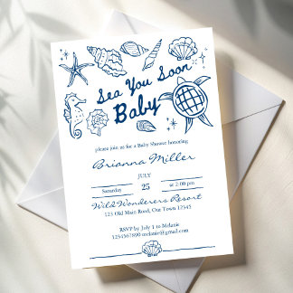 Sea you soon seashells beach boy baby shower invitation