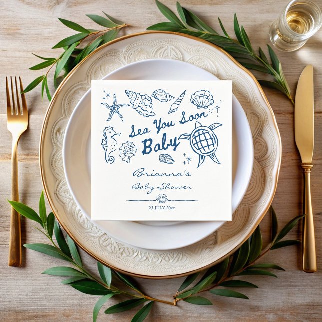 Sea you soon seashells beach boy baby shower napkin (Sea you soon blue hand drawn seashells beach seaside boy baby shower personalized printed napkins)