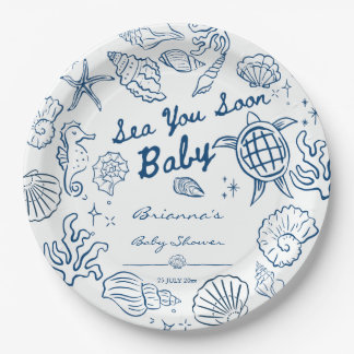 Sea you soon seashells beach boy baby shower paper plate
