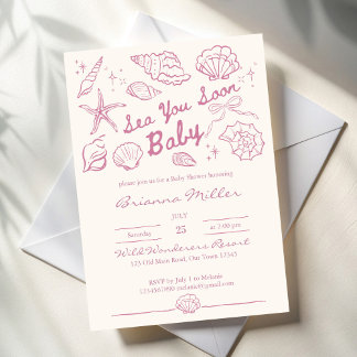 Sea you soon seashells beach girls baby shower invitation
