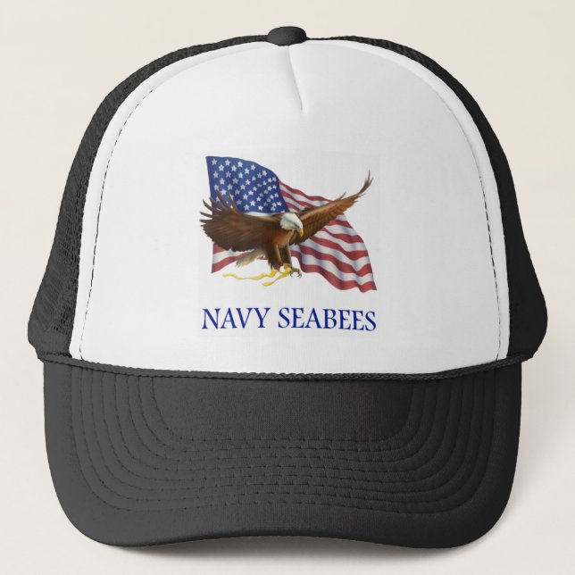 Seabees Bald Eagle American Flag Design Trucker Hat (Front)
