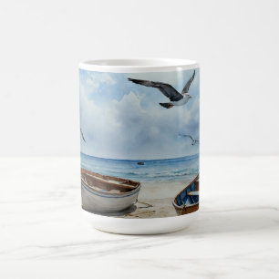 "Seabreeze Serenade". Colourful Serene Boat Scene Coffee Mug