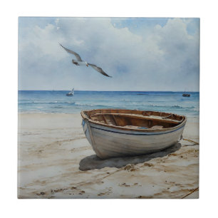 "Seabreeze Serenade". Colourful Serene Boat Scene Tile