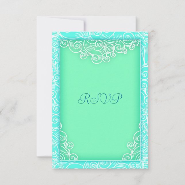 Seafoam Aqua and Green Wave Beach Wedding RSVP Card (Front)