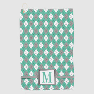 Seafoam   Ash Gray   White Argyle Pattern Monogram Golf Towel