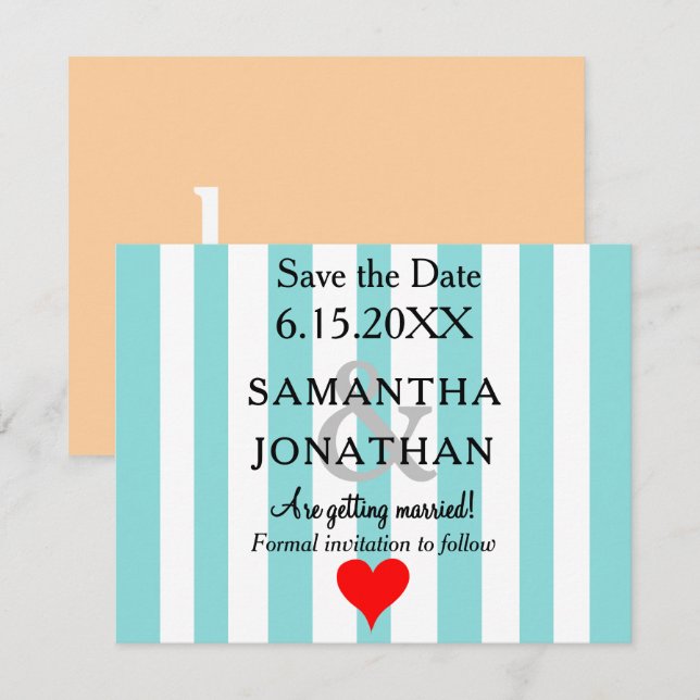 Seafoam Blue Beige Love Red Heart Wedding Save The Date (Front/Back)