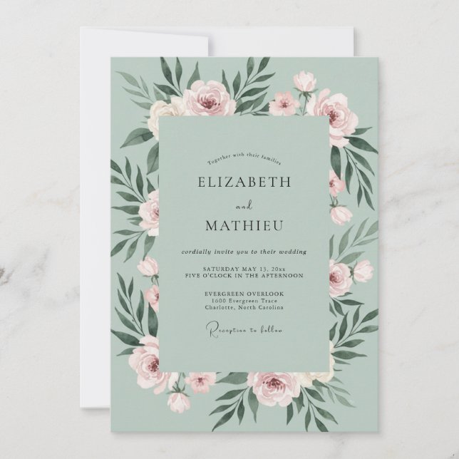 Seafoam Blush Leaf Wedding Invitation (Front)