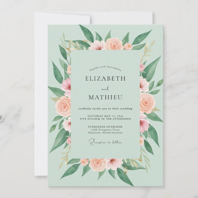 Seafoam Blush Ranunculus Eucalyptus Wedding Invitation (Front)