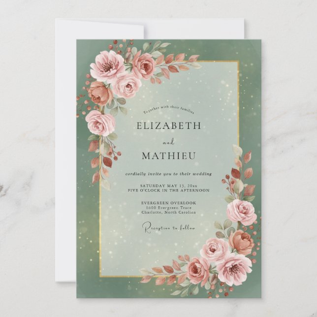 Seafoam Blush Rose Wedding Invitation (Front)