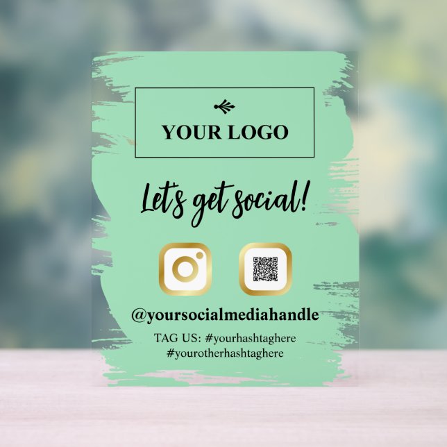 Seafoam Brushstrokes Gold Logo Let's Get Social Acrylic Sign (Neutral)
