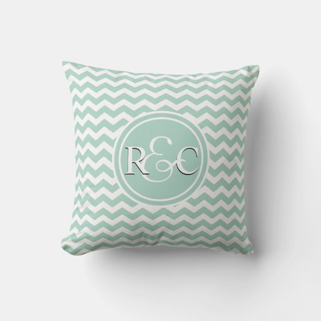 Seafoam Chevron Personalized Initial Monogram Throw Pillow (Front)