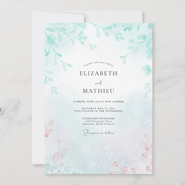 Seafoam Coral Leafy Wedding Invitation (Front)
