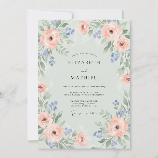 Seafoam Coral Rose Wedding Invitation (Front)