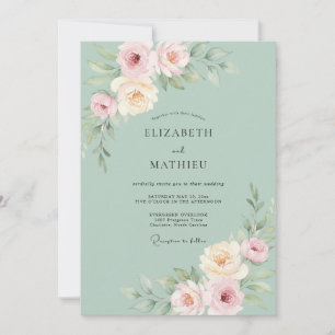 Seafoam Dusty Pink Rose Wedding Invitation