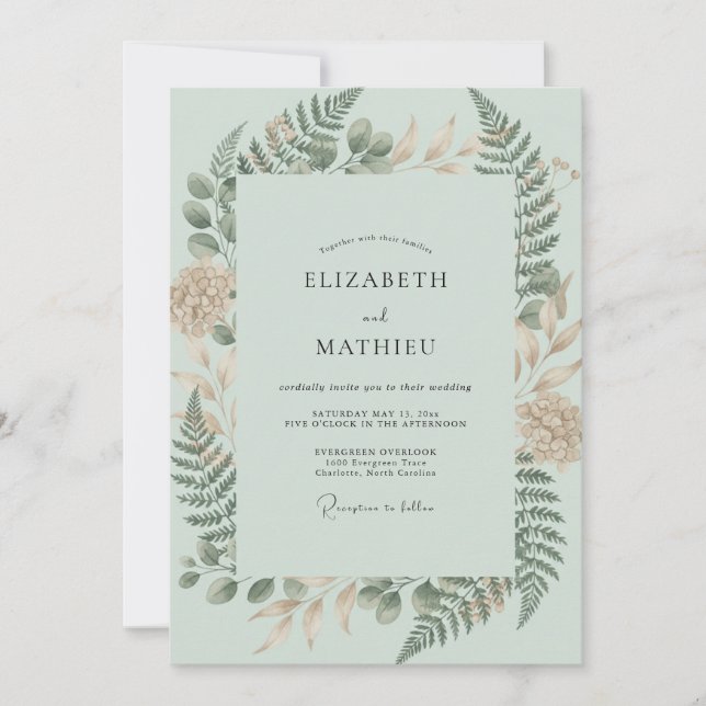 Seafoam Fern Leafy Wedding Invitation (Front)