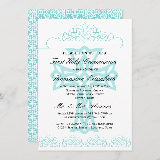 Seafoam First Holy Communion Cross Invitations (Front/Back)