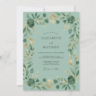 Seafoam Gilded Leaf Wedding Invitation