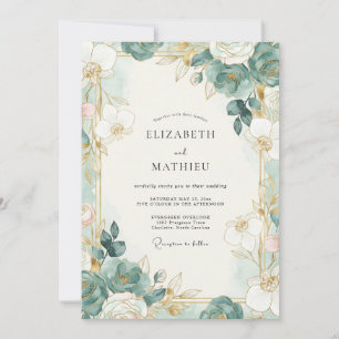Seafoam Gold Foliage Soft Eucalyptus Wedding Invitation