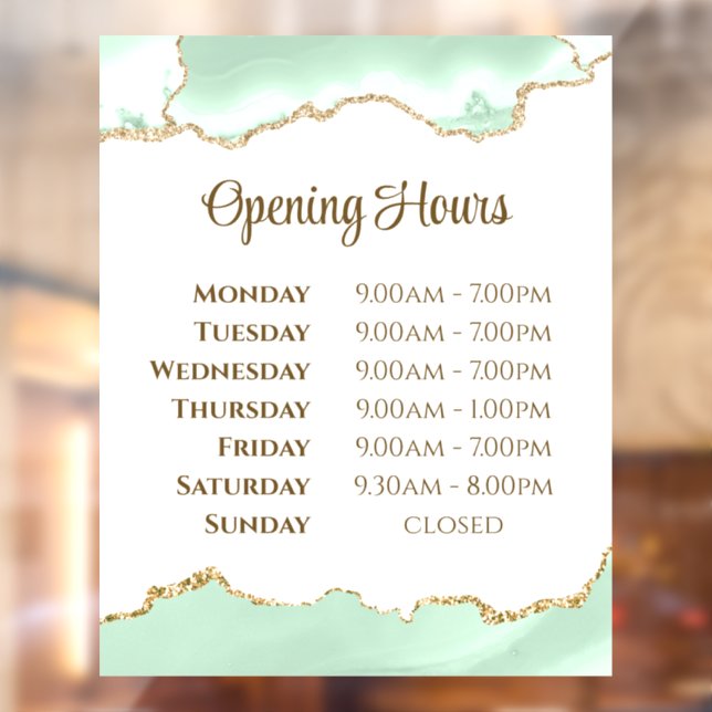 Seafoam Green Agate Opening Hours Window Cling (Sheet 2)