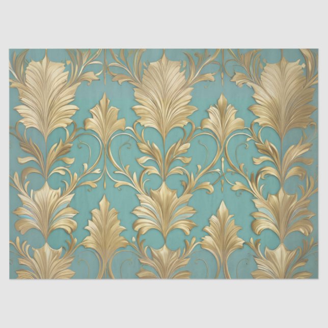 Seafoam Green and Gold Traditional Decoupage Tissue Paper (Front)