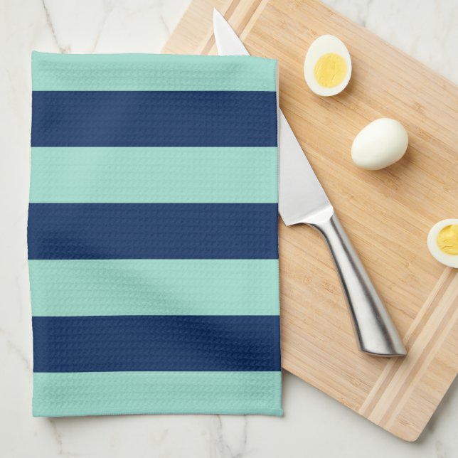 Seafoam Green and Navy Stripes Kitchen Towel (Quarter Fold)