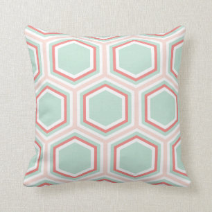 Seafoam Green and Orange Hexagon Pattern Throw Pillow