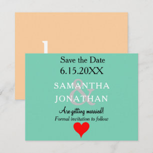 Seafoam Green Beige Red Heart Wedding Save The Date