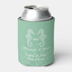 Seafoam Green Blue Seahorse Beach Wedding Monogram Can Cooler
