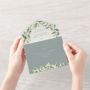 Seafoam Green/Cream Snowberry + Eucalyptus Wedding All In One Invitation