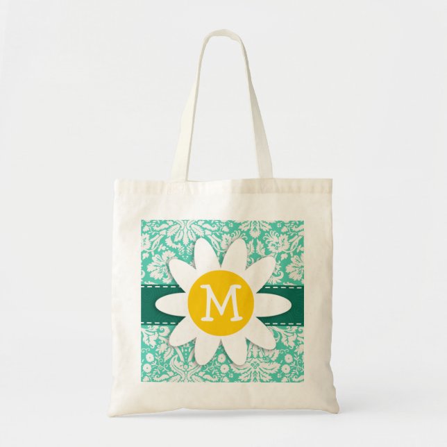 Seafoam Green Damask; Spring Daisy Tote Bag (Front)