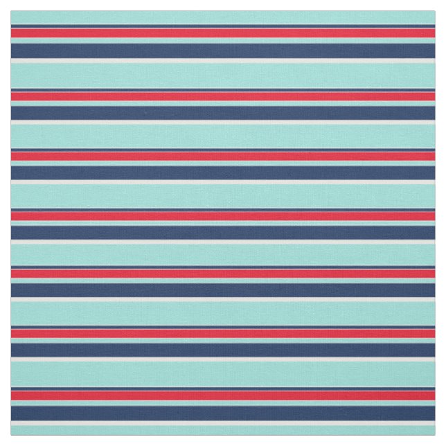 Seafoam Green Dark Blue Red White Stripes Pattern Fabric (Swatch)
