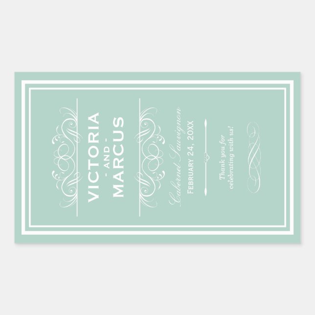 Seafoam Green Elegant Wedding Monogram Wine Bottle Sticker (Front)