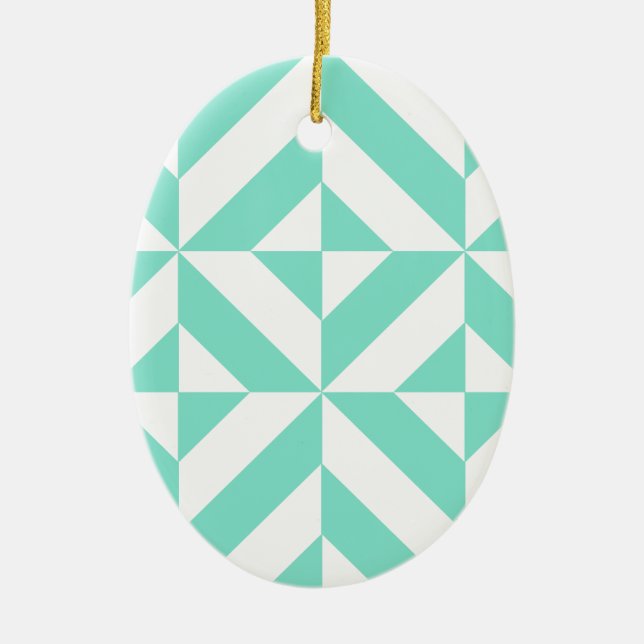 Seafoam Green Geometric Deco Cube Pattern Ceramic Ornament (Front)