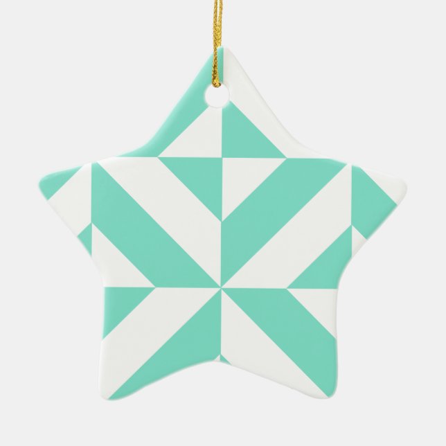 Seafoam Green Geometric Deco Cube Pattern Ceramic Ornament (Front)