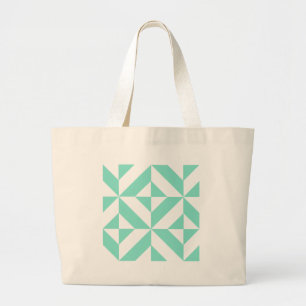 Seafoam Green Geometric Deco Cube Pattern Large Tote Bag
