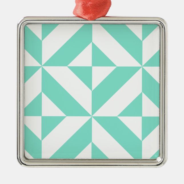 Seafoam Green Geometric Deco Cube Pattern Metal Ornament (Front)