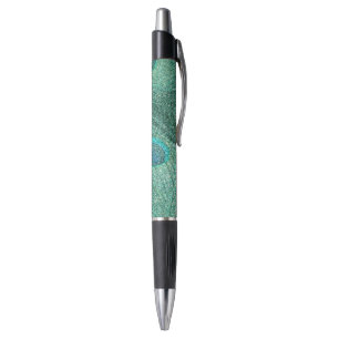 Seafoam green glitter peacock feathers pen