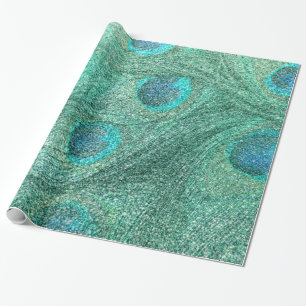 Seafoam green glitter peacock feathers wrapping paper