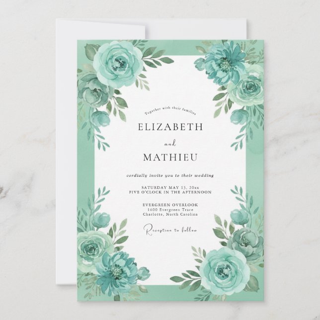 Seafoam Green Luminous Botanical Wedding Invitation (Front)