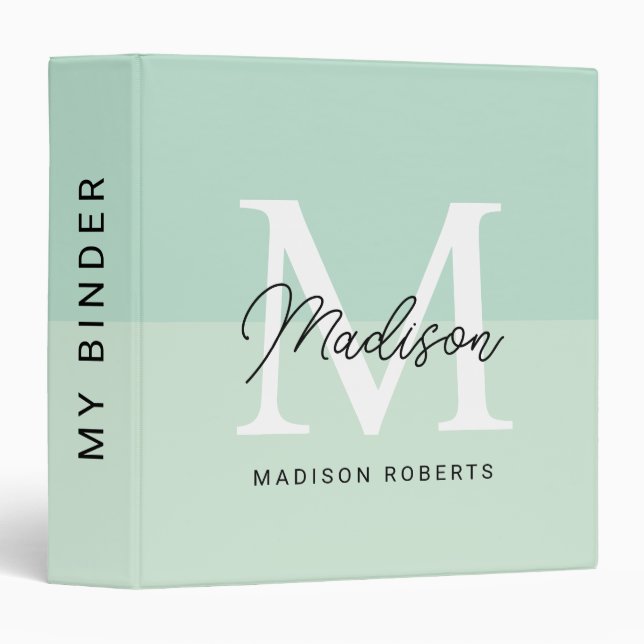 Seafoam Green Monogram Name  Binder (Front/Spine)