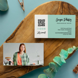 Seafoam Green QR Code Photo Social Media Icons Business Card