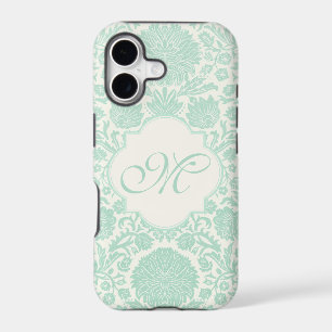 Seafoam Green Retro Floral Damask with Monogram