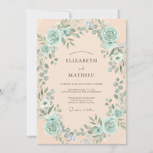 Seafoam Green Romantic Botanical Wedding Invitation (Front)