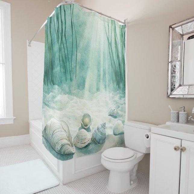 Seafoam Green Shower Curtain with Seashell Design (In Situ)