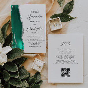 Seafoam Green Silver Agate QR Code Wedding Invitation