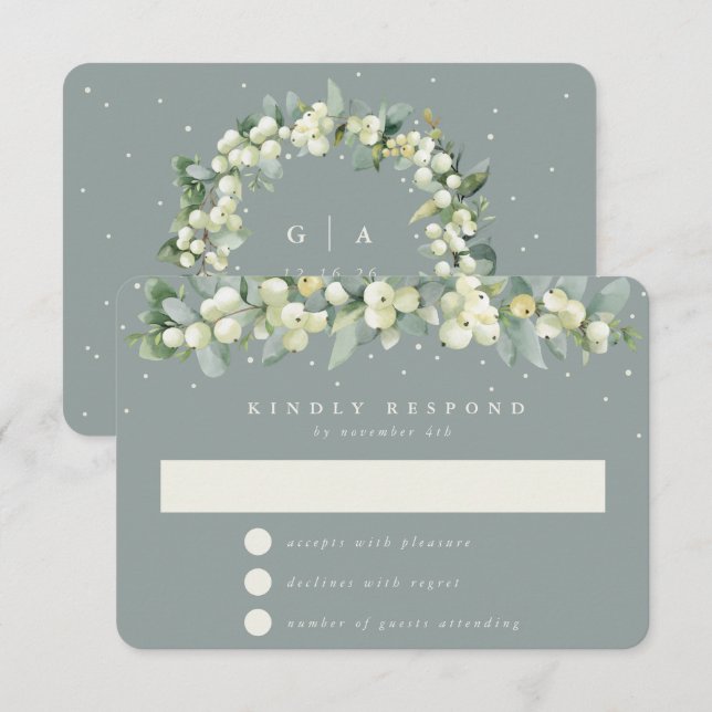 Seafoam Green Snowberry+Eucalyptus Garland Wedding RSVP Card (Front/Back)