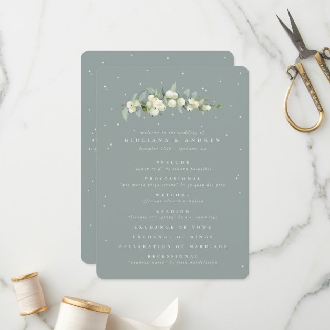 Seafoam Green Snowberry+Eucalyptus Stem Wedding Program (Front/Back In Situ)