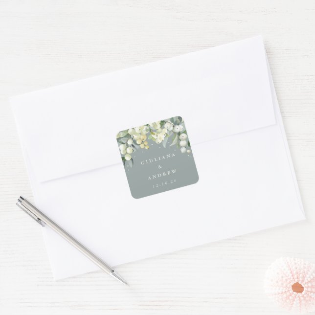 Seafoam Green Snowberry+Eucalyptus Wedding Square Sticker (Envelope)